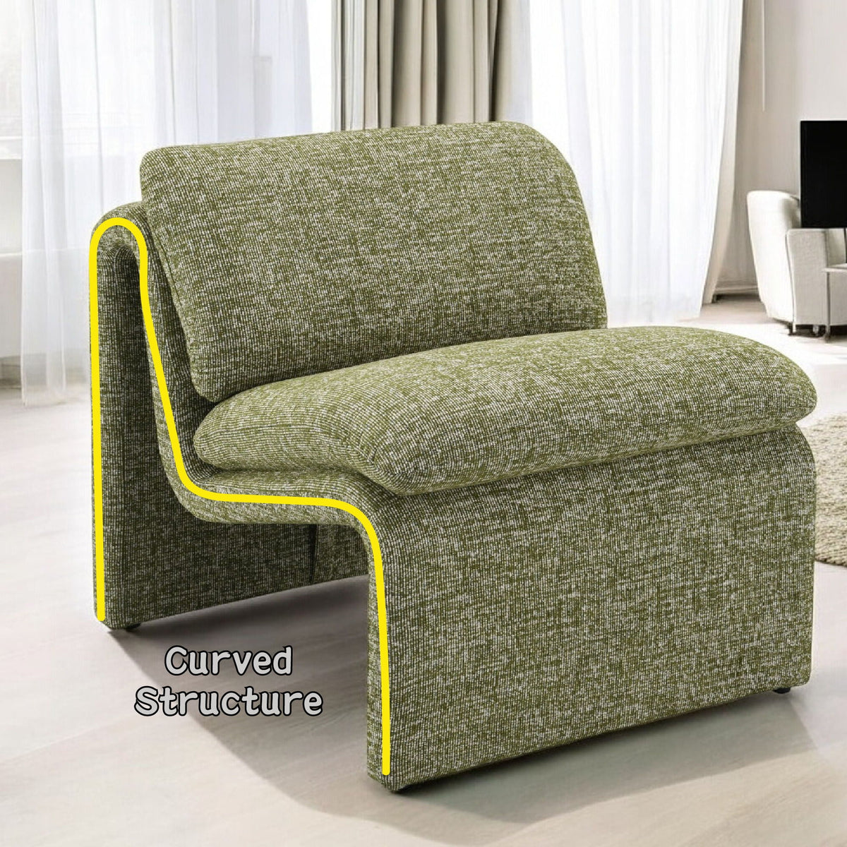 Curved Shape Accent Chair with Premium Fabric Upholstery - Beige or Green