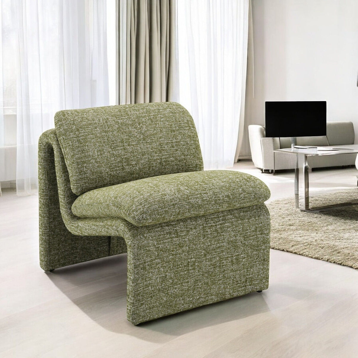 Curved Shape Accent Chair with Premium Fabric Upholstery - Beige or Green